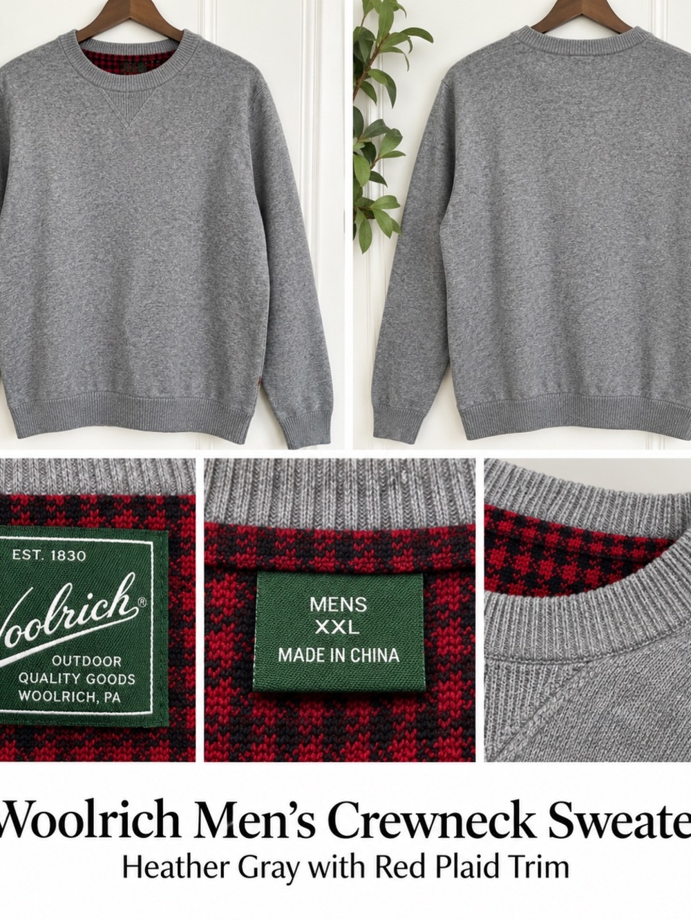 Woolrich Men’s XXL Crewneck Sweater – Heather Gray with Red Plaid Trim